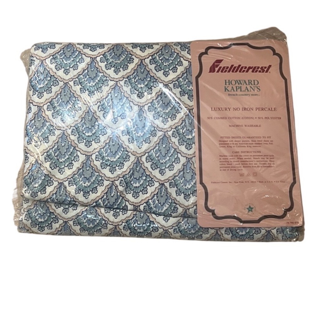 Fieldcrest Howard Kaplan French Country Queen Fitted Sheet Blue Scallop Percale